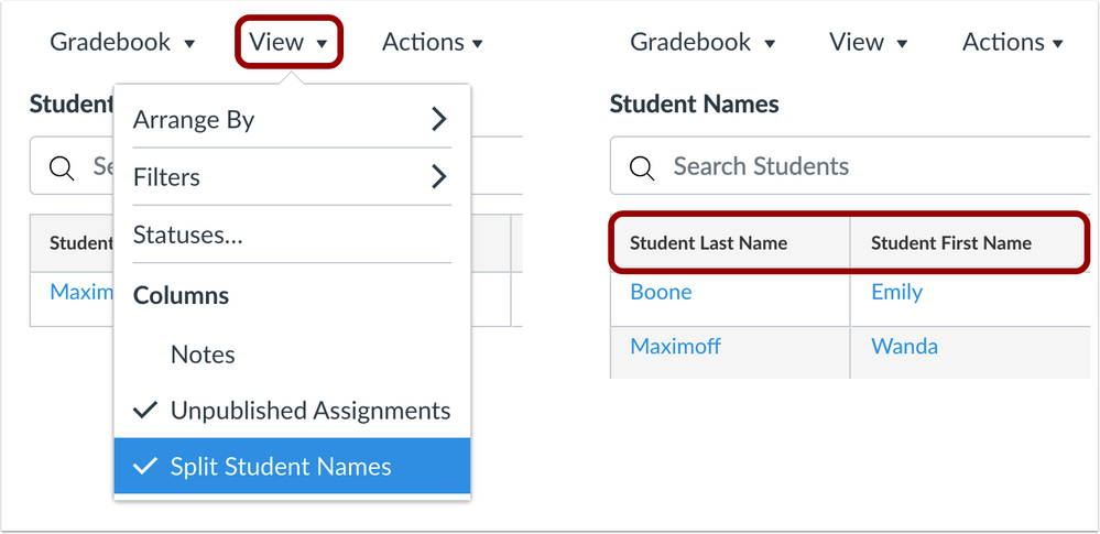 canvas gradebook names split