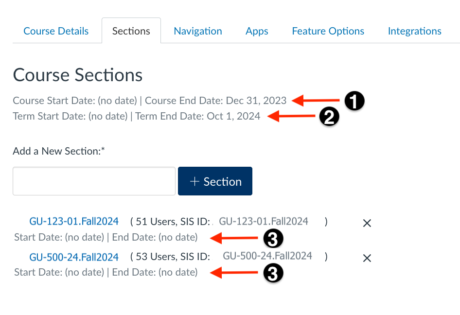 course settings section tab with dates 