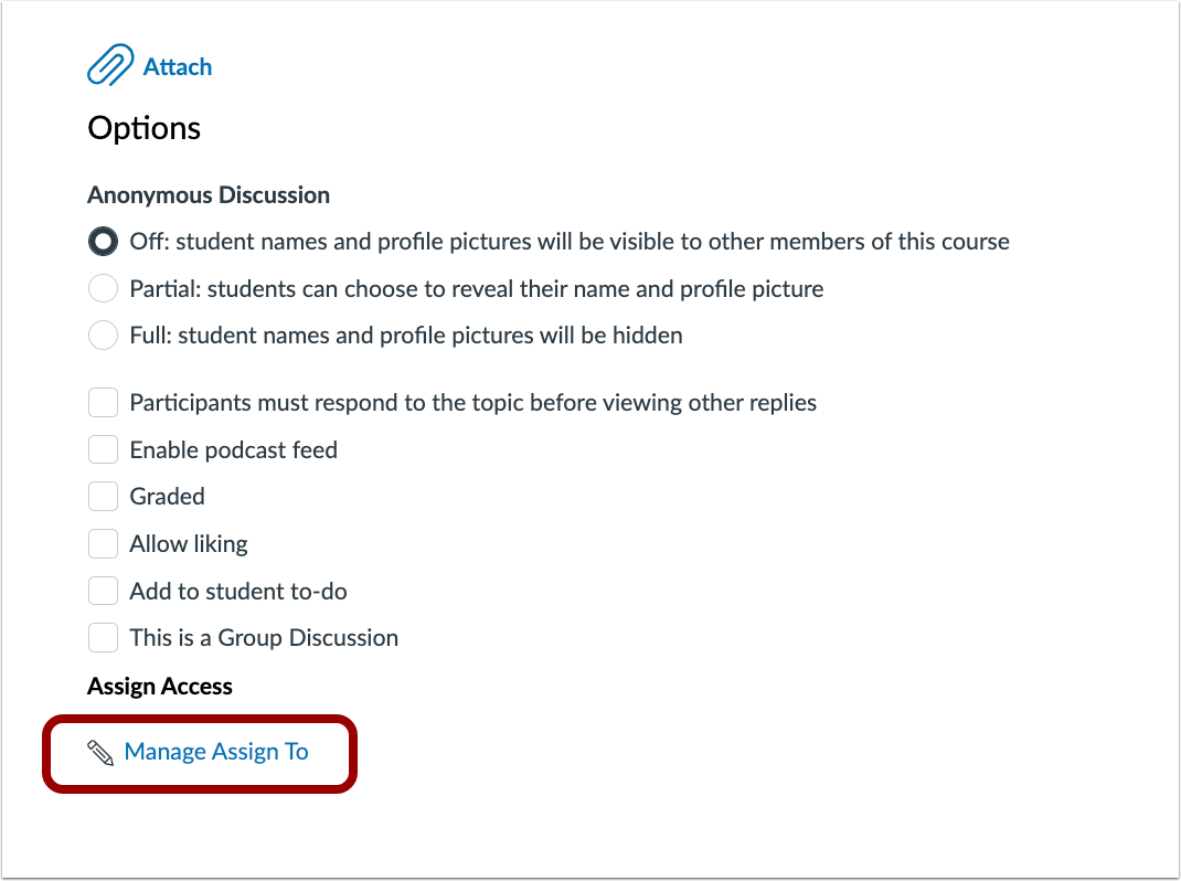 Manage Assign link for an ungraded discussion