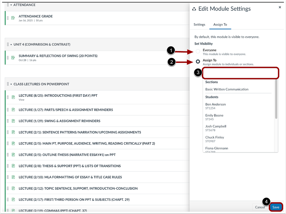 Edit module settings tray showing the assign to tab with visibility options to select specific people or sections