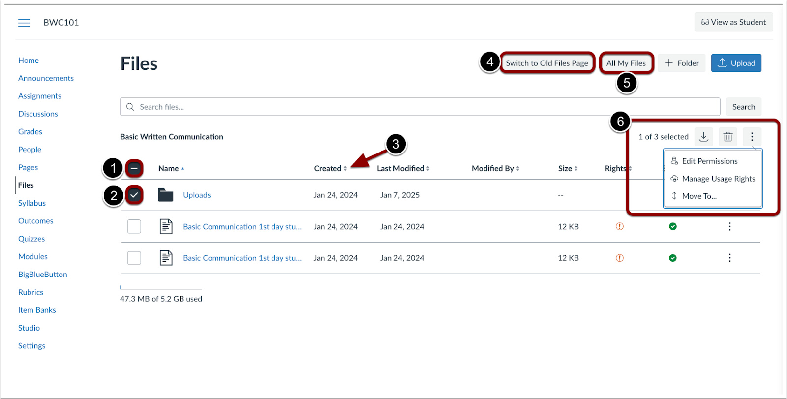 Files page with callouts showing new features