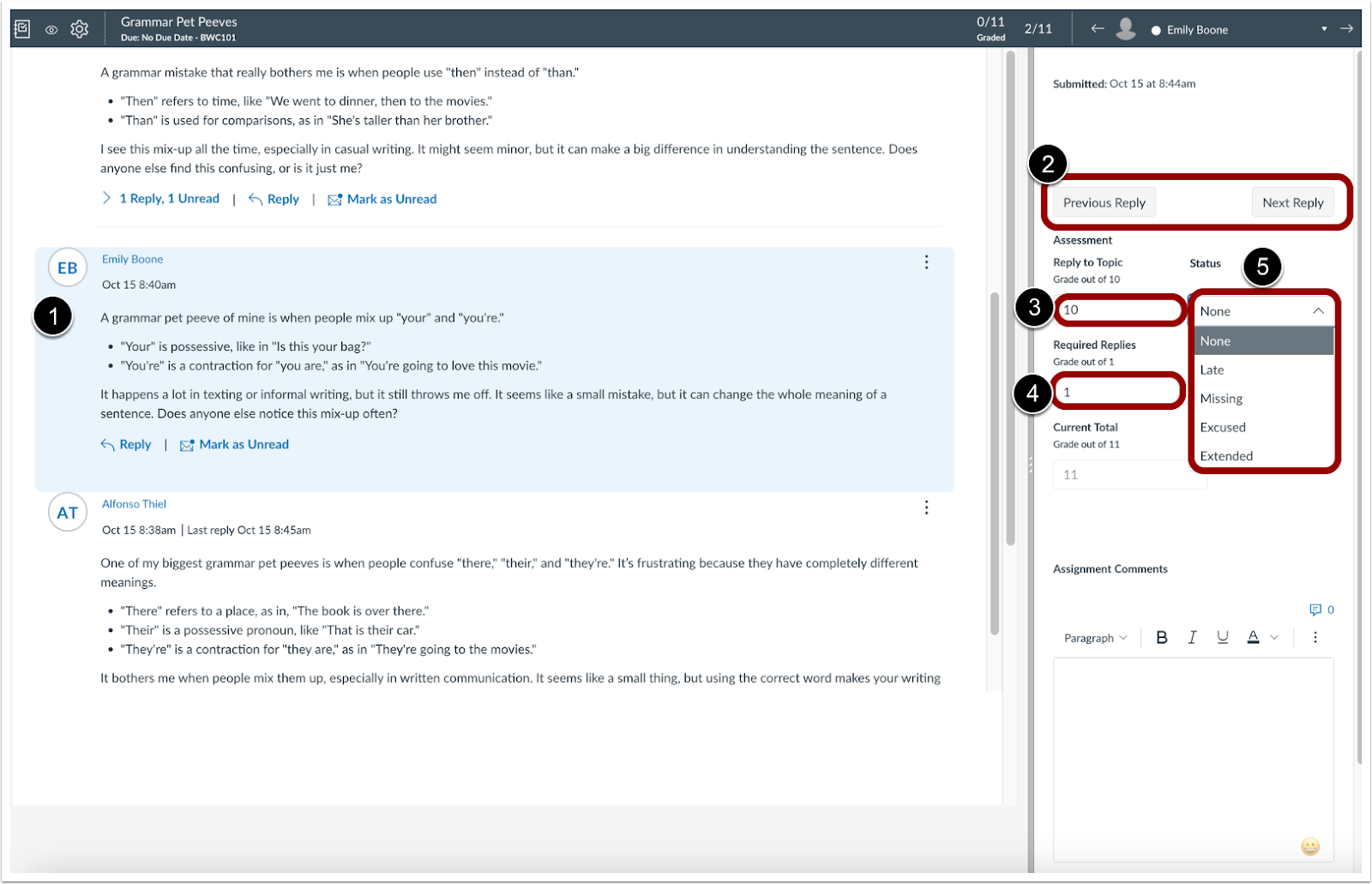 speedgrader showing a student's replies in a discussion